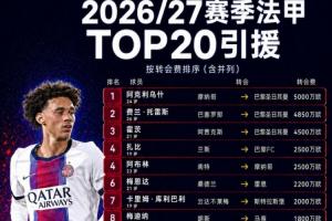 法甲夏窗TOP20:阿克利乌舍5000万欧成标王,费兰4850万欧第二