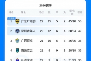 中甲积分榜:广州豹8分优势领跑,深圳青年人多赛领先第三6分